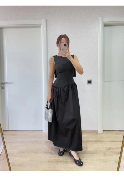 Freedom Store Kadın Krep Arkası Kanat Arka Ön Pens Detaylı Uzun Elbise - Siyah