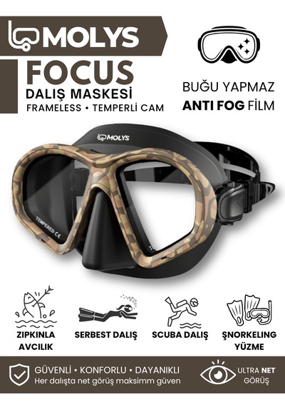 Molys Focus Dalış Maskesi + Antı Fog Buğu Önleyici Film + Katlanabilir Şnorkel + Maske Kutusu Kahverengi - Kamuflaj