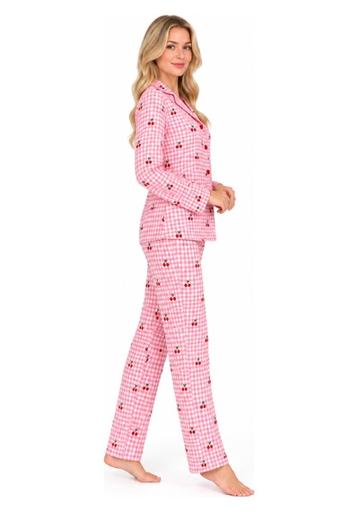 Sleeeproom Kadın Süet Düğmeli Mevsimlik Ekose Desen Pembe Pijama Takımı Pembe - Beyaz