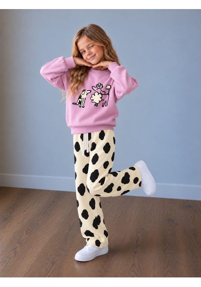 Sevimli Baskılı Şeker Pembe Sweatshirt & Desenli Eşofman Altı Kız Çocuk Alt Üst Takım