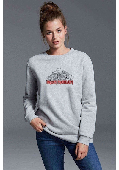 Iron Maıden Eddıe On Logo Rock Baskılı Gri Kadın Sweatshirt