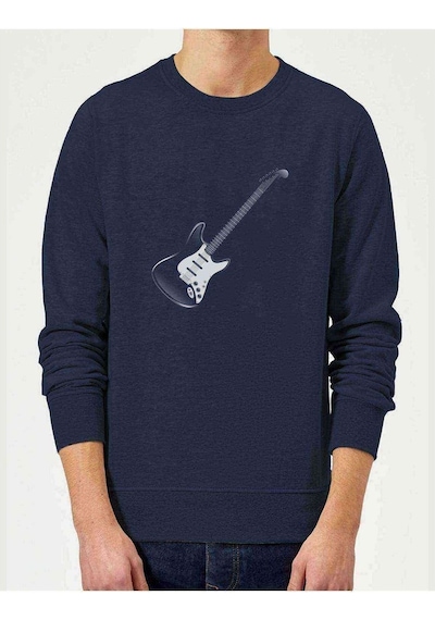 Gitar Baskılı Indigo Mavi Lacivert Erkek Örme Sweatshirt