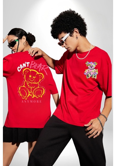 Daha Fazla Dayanamıyorum Teddy Kırmızı Oversize Unisex Ön Ve Sırt Baskılı Tişört Kırmızı