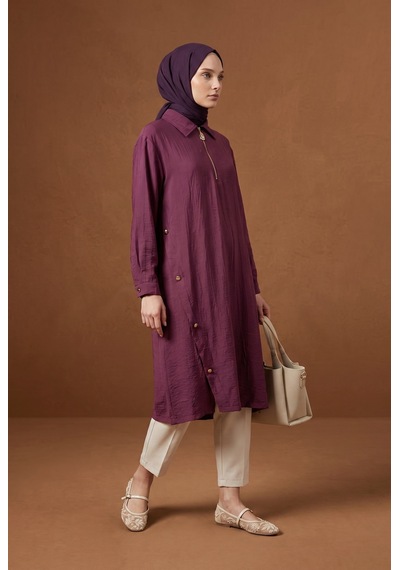 Armine Trend Fermuar Ve Yan Düğme Detaylı Yakalı Uzun Tunik 111 Cm Boy Vişne 26yt447