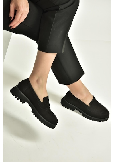 Fox Shoes V944086101 Siyah Hakiki Deri Nubuk Kalın Tabanlı Makosen Ayakkabı Siyah