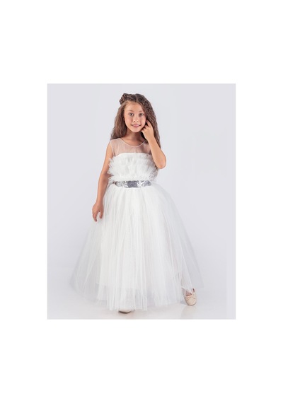 Mnk Baby & Kids Sapes Model Sırt Gipeli Tüllü Kız Çocuk Askılı Saten Abiye Mnk0618 Beyaz