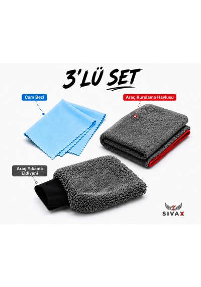 3 Lü Mikrofiber Oto Yıkama Seti Oto Kurulama Bezi Oto Yıkama Eldiveni Oto Cam Bezi