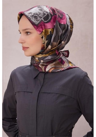 Belli Tivil Saf İpek Eşarp 4216 - 86 Koyu Pembe Soyut Desen Pembe