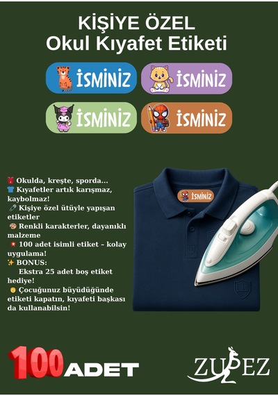 Tekstil Kıyafet Etiketi, Okul , Kreş Kişiye Özel, 100 Adet, Ütü İle Yapışan, Anaokulu, Kaşesi, Kumaş - 729314042