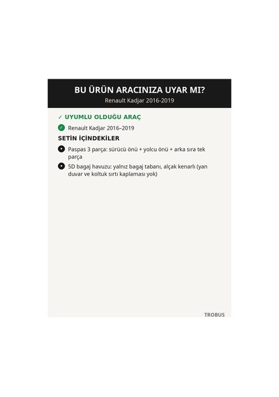 Renault Kadjar 2016-2019 Uyumlu 8d Tek Katmanlı Paspas + 5d Bagaj Havuzu Seti Siyah