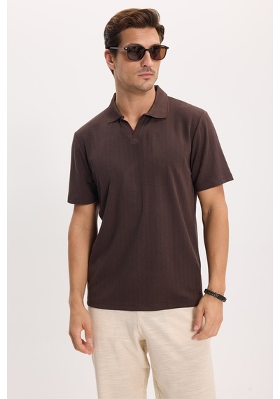 Tudors Erkek Slim Fit Dar Kesim Pamuklu Kısa Kollu Çizgili Kahverengi Polo V Yaka Tişört-51126