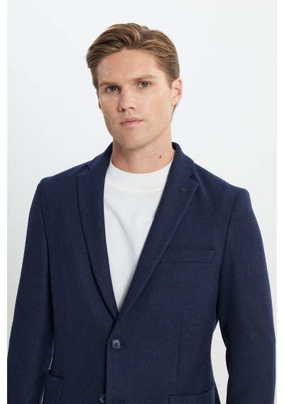 Ac&Co / Altınyıldız Classics Erkek Lacı Yünlü Slim Fit Dar Kesim Mono Yaka Armürlü Torba Cepli Ceket Lacı Lacivert