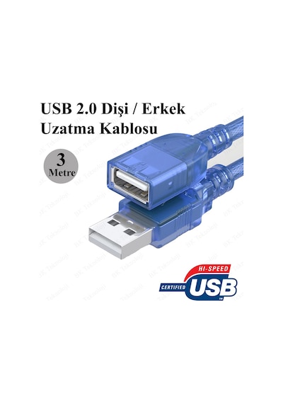 3 Metre USB 2.0 Dişi/Erkek Uzatma Kablosu