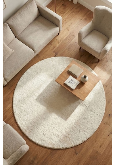 Yuvarlak Puffy Yumuşak Peluş Halı , Kaymaz, Yıkanabilir, Antre, Hol, Mutfak, Makyaj Masası Halısı Krem