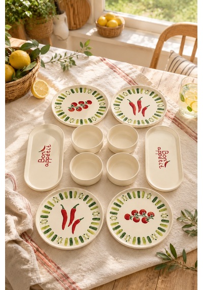 Green Bon Appetit 10 Parça 4 Kişilik Stackable Seramik Kahvaltı Takımı Lüx Sunum Seti Tabağı Beyaz