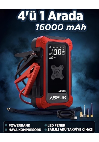 Assur Asr8107 16000mah 4ü1 Arada Akü Takviye Cihazı, Hava Kompresörü, Powerbank Ve Led Fener