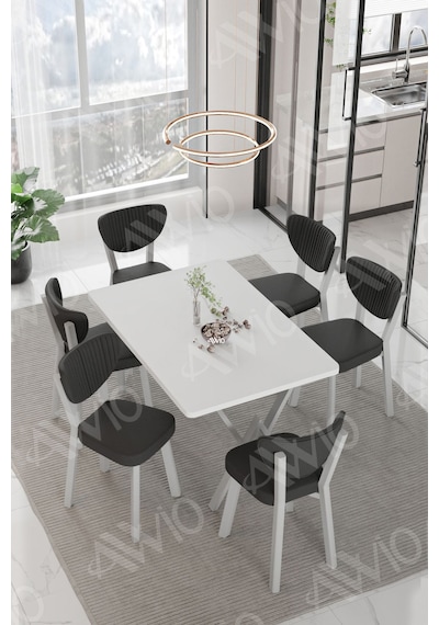 Avvio Mona Elma Sandalye 80x140 Yemek Masası Mutfak Masası 6 Kişilik Masa Sandalye Takım Beyaz