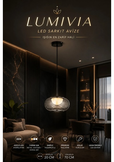 Modern Premium Tekli Füme Cam 3 Renkli Ledli Sarkıt Avizesi Salon Mutfak Şık Modelleri 26w Siyah