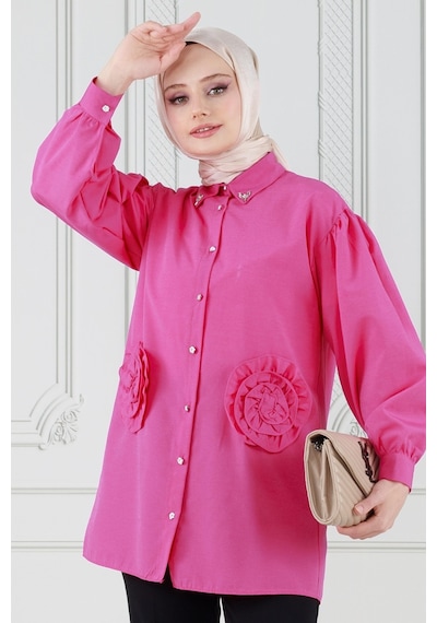 Sevitli Önü Gül Detaylı Tunik-fuşya-3633-fuşya Fuşya