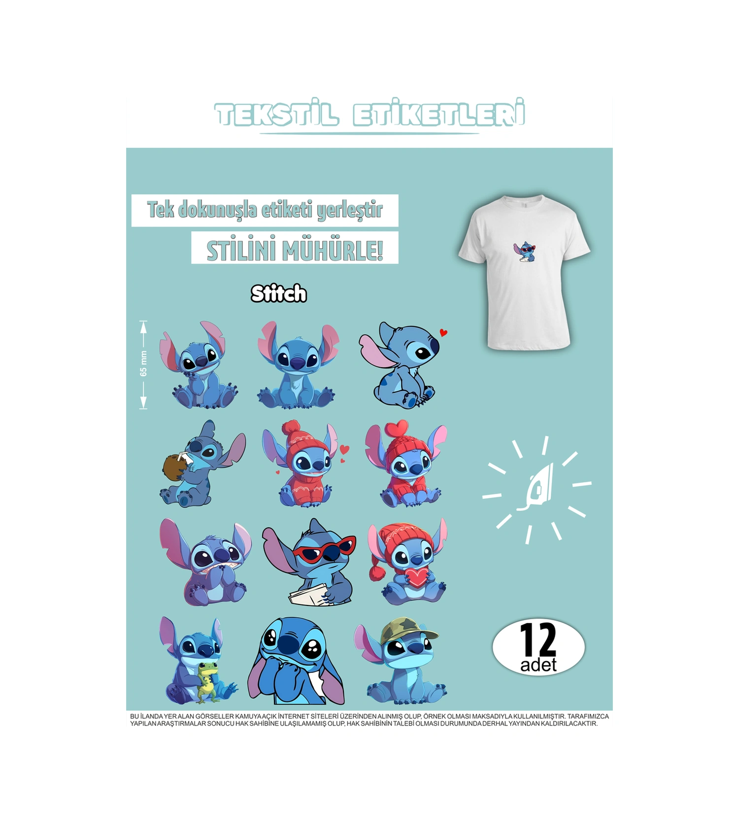 Ütü İle Yapışan Kıyafet Etiketi Stitch Serisi -1 12li Set Karışık