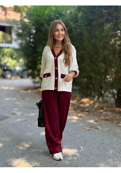 Femina Trendy Kadın Uzun Kollu Ribanali Cep Detay Hırka Ve Bol Paça Pantolon Ikili Takım Koyu Bordo