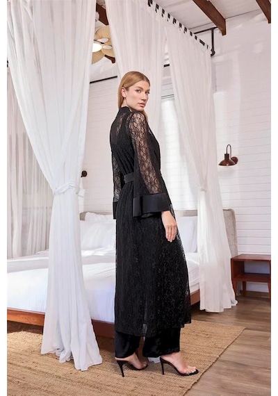 Ang Butik Kadın Uzun Kollu Dantelli Ve Kuşaklı Sabahlık Takımı Siyah