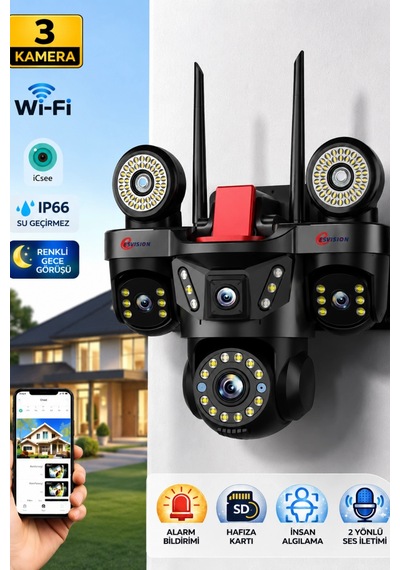Esvision Es-9003 3 Lensli 9mp Akıllı Wifi Ptz Kamera Gece Görüşlü Güvenlik Kamerası