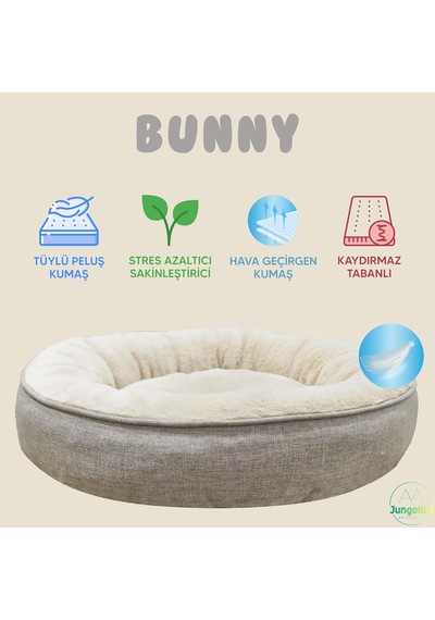 Bunny Kedi Ve Köpek Yatağı Bej 85x85x15 Cm Büyük, Donut Şekli, Yükseltilmiş Kenar, Ultra Yumuşak Peluş, Gergin