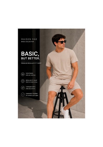 Masion Rae Erkek Tişört Bej Regular Fit Bisiklet Yaka Pamuklu 30/1 Süprem Kumaş