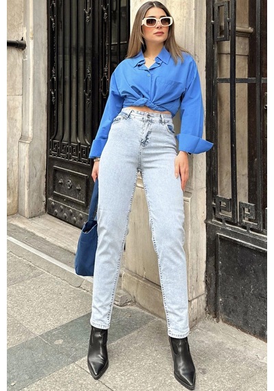 WeShaya Kadın Açık Mavi Yüksek Bel, Rahat Kesim, Boru Paça, Skinny Kot Pantolon - Jeans Açık Mavi