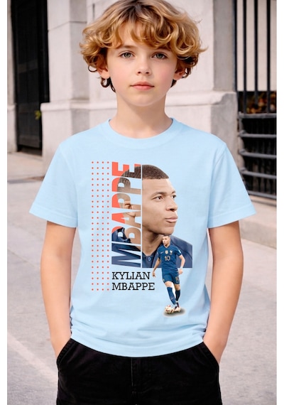 Stil-x Mbappe Baskılı Erkek Çocuk Tshırt, %100 Pamuklu Soft Kumaş Mavi-2