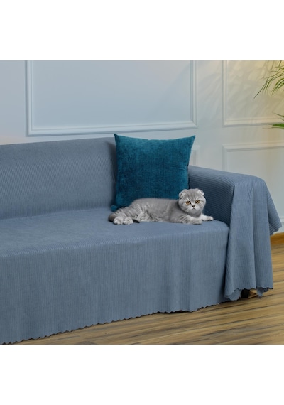 Mikrofiber Şönil Fitilli Minimalist Koltuk Örtüsü -175x350 Cm Xlarge, Çift Taraflı, Kaymaz, Terletmez Mavi Mavi