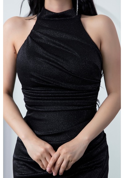Kalopya Halter Yaka Yırtmaçlı Simli Elbise Drp0013 Siyah