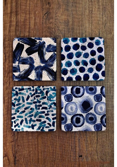 Doğal Taş Bardak Altlığı 4'lü Set - Mavi Desenler - Stone Coasters Çok Renkli
