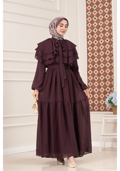 Sevitli Fırfır Detaylı Roza Tesettür Elbise-mürdüm-5774