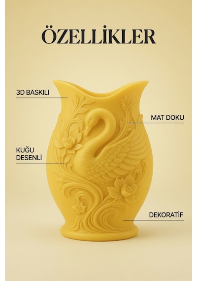 Kuğu Desenli Dekoratif Vazo 15 Cm 3d Baskılı Mat Dokulu Şık Masa Ve Raf Dekoru Sarı