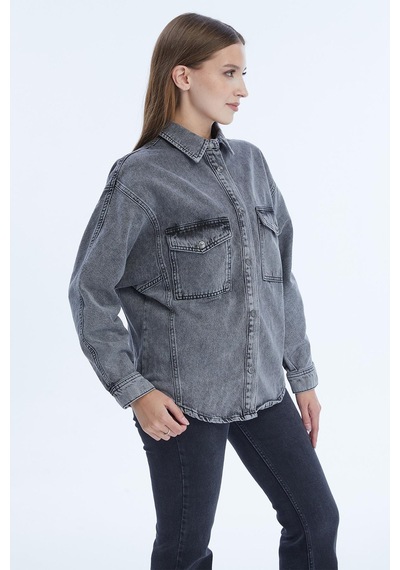 Selectmoda Kadın Çift Cepli Çıtçıt Kapamalı Oversize Kot Gömlek Antrasit