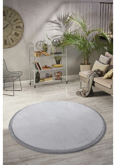 Comfort Oval Overloklu Peluş Halı Gri Gri Düz Saçaklı Daire