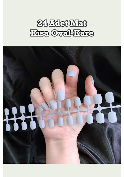 24 Adet Renkli Mat Kısa Takma Tırnak Oval-kare 1051 Açık Gri