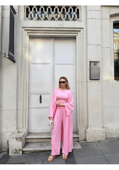 Bonacosa Kadın Viskon 3 Lü Takım Kimono + Beli Lastikli Salaş Pantolon + Sıfır Kol Kolsuz 8 Renk Pembe Bonacosa Kadın Viskon 3 Lü Takım Kimono + Beli Lastikli Salaş Pantolon + Sıfır Kol Kolsuz 8 Renk Pembe