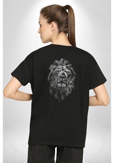 Aslan Karizma Sert Bakış Pamuklu Unisex Oversize Sırt Dijital Baskılı Siyah T-shirt Siyah