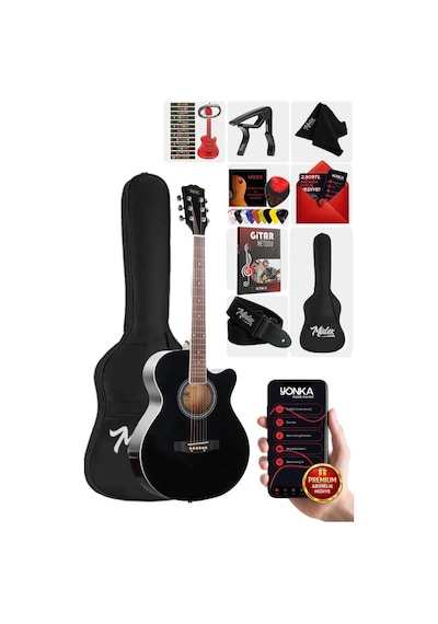 Midex XC-200BK Kesik Kasa Siyah Akustik Gitar 4/4 Yetişkin Üst Segment (Gigbag Çanta Tuner Capo Askı Pena)