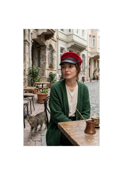 Emybox Kadın Süet Dokulu Deri Siperlikli Kaptan Şapka Vintage Kasket Şerit Detaylı Kışlık Ressam Şapkası Baker Boy Trend Aksesuar Kırmızı