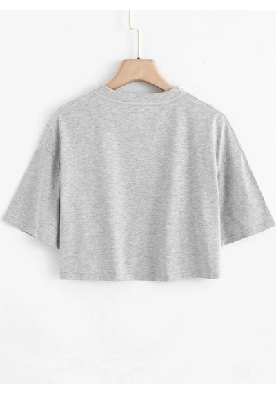 Gri Crop Tshirt Crop - Oversize Baskılı Gri