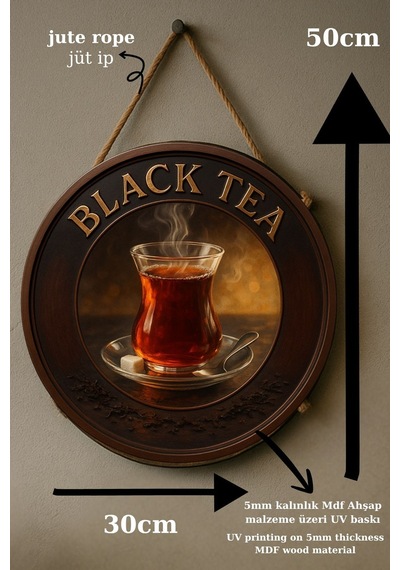 Black Tea Temalı Yuvarlak Cafe Tabelası, Jüt İpli Ahşap Duvar & Kapı Dekoru, Barista Tarzı Süs