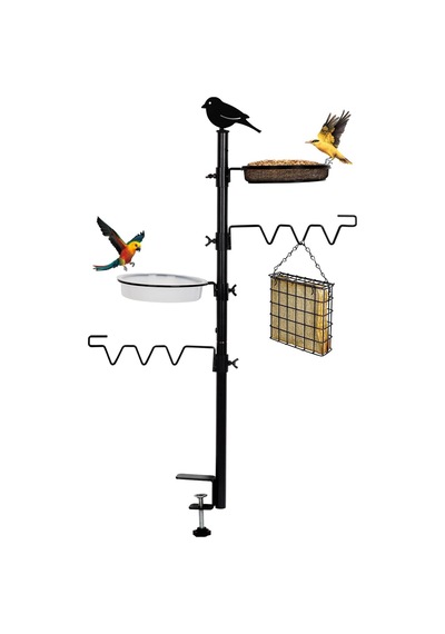 Asılı Kuş Yemi Dispenseri Ve Kuş Suluğu 92 Cm Yüksekliğinde, 2'si 1 Arada Metal Balkon Askısı, Kuş Suluğu