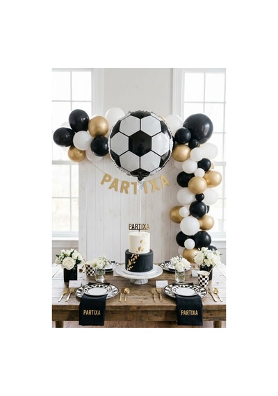 Futbol Topu Balon Stand Seti Şeffaf 7 Li Stand + Futbol Topu Folyo Balon 10 + 7 Lateks Balon Siyah-beyaz
