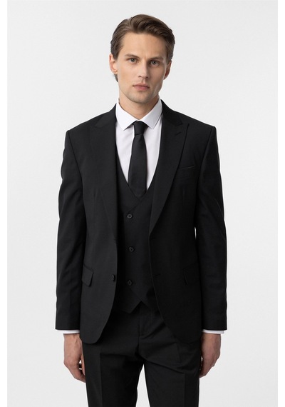 Süvari Siyah Slim Fit Düz Sivri Yaka 6 Drop Yelekli Klasik Takım Elbise