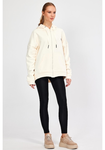Alexandergardı Fermuarlı Kapüşonlu Oversize Sweatshirt B22-75300 Ekru