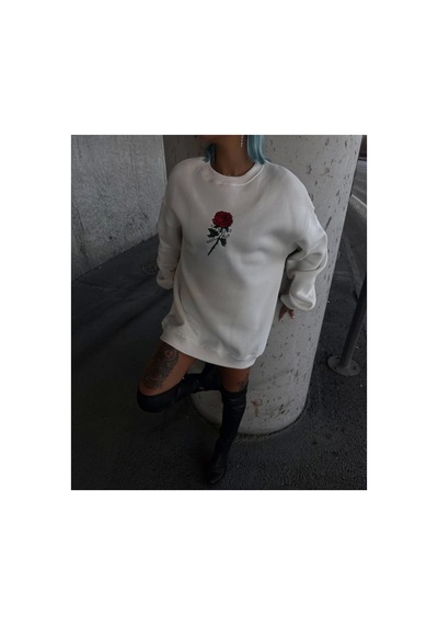 Butik İstanbul Oversize Üç İplik Bisiklet Yaka Baskılı Sweatshirt - Beyaz